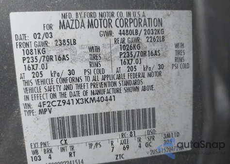2003 Mazda Tribute Lx V6 z USA, uszkodzony, nr VIN 4F2CZ941X3KM40441